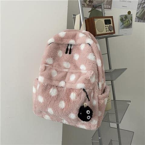 Fuvtory Kawaii Cute Aesthetic Fuzzy Fluffy Plush Sherpa Fleece Dot Backpack Rucksack Daypack School Teen Girls Children Women (pink)