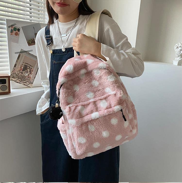 Fuvtory Kawaii Cute Aesthetic Fuzzy Fluffy Plush Sherpa Fleece Dot Backpack Rucksack Daypack School Teen Girls Children Women (pink)