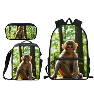 monkey print backpack set- lightweight school bookbag with lunch bag and pencil case