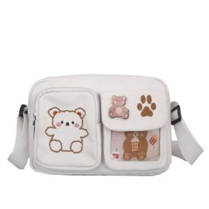 kawaii backpack with embroidered bear pattern, aesthetic stuff cute messenger bag japanese school bag supplies (white)