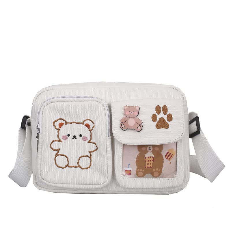 Kawaii Backpack with Embroidered Bear Pattern, Aesthetic Stuff Cute Messenger Bag Japanese School Bag Supplies (White)