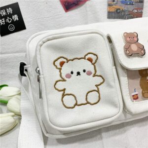 Kawaii Backpack with Embroidered Bear Pattern, Aesthetic Stuff Cute Messenger Bag Japanese School Bag Supplies (White)