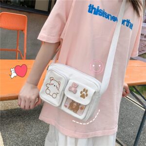 Kawaii Backpack with Embroidered Bear Pattern, Aesthetic Stuff Cute Messenger Bag Japanese School Bag Supplies (White)