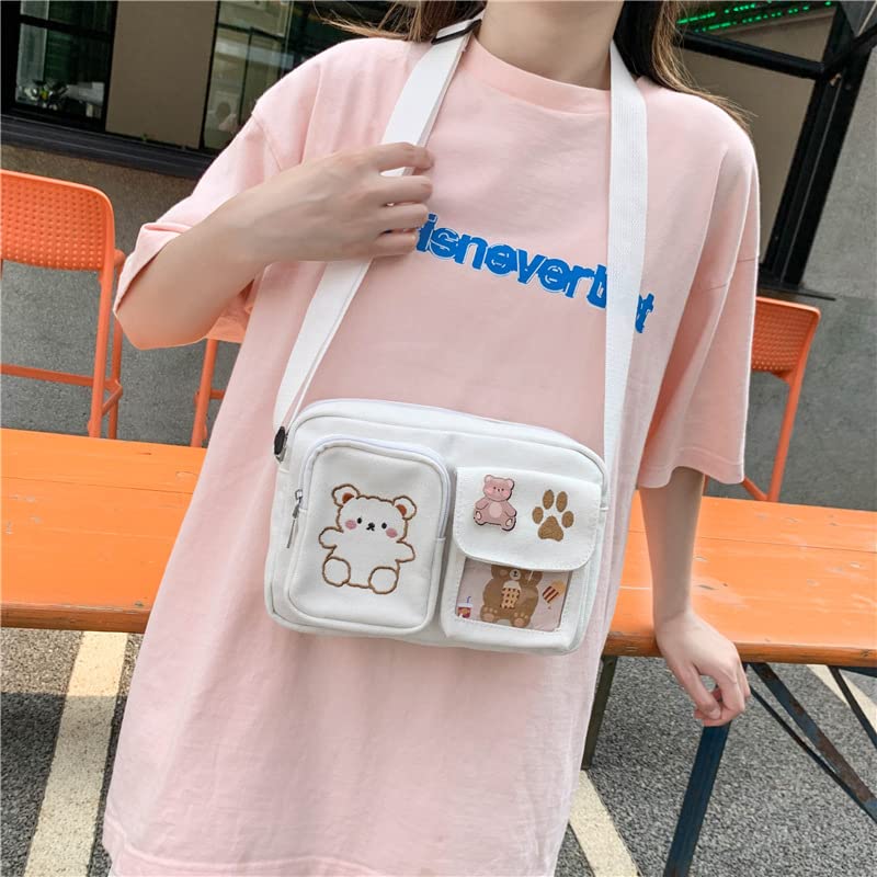 Kawaii Backpack with Embroidered Bear Pattern, Aesthetic Stuff Cute Messenger Bag Japanese School Bag Supplies (White)