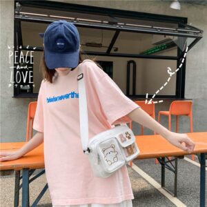 Kawaii Backpack with Embroidered Bear Pattern, Aesthetic Stuff Cute Messenger Bag Japanese School Bag Supplies (White)