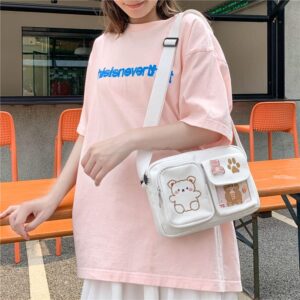 Kawaii Backpack with Embroidered Bear Pattern, Aesthetic Stuff Cute Messenger Bag Japanese School Bag Supplies (White)