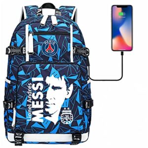 Jotolan Kids Messi Durable School Backpack-Boys PSG Lightweight Bookbag Canvas Travel Backpack with USB Charging Port, Blue, One Size