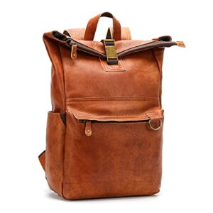 g-favor leather backpack vintage laptop rucksack large waterproof bookbag college school daypack for men and women – brown