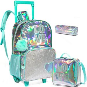 zbaogtw rolling backpack for girls kids backpack with wheels for elementary kindergarten girls wheeled backpack carry on luggage rolling backpack with lunch bag