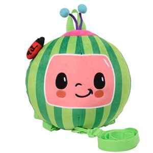 cocomelon plush watermelon toddler backpack with detachable safety leash, anti-lost safety harness 10” bag for kids