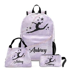gymnastic abstract marble purple personalized backpack set for teen boys girls with lunch box & pencil pouch bag travel backpack