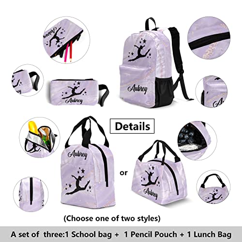 Gymnastic Abstract Marble Purple Personalized Backpack Set for Teen Boys Girls with Lunch Box & Pencil Pouch Bag Travel Backpack