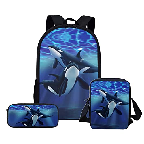 WELLFLYHOM 3pcs Killer Whale Backpack for School Boys Bookbag 3 In 1 School Bag with Crossbody Purse Pencil Bag for Middle School Girls Bagpack Rucksack Preschool Back Packs Daypack for Kids Daycare