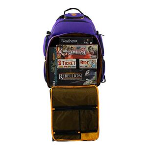 geekon ultimate boardgame backpack – the smartest way to carry your games – expandable multi-functional board game bag – carry-on compliant (purple/gold)