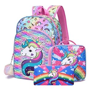 noaclea 3pcs girls unicorn sequins backpack set kids school backpack with lunch box pencil case.