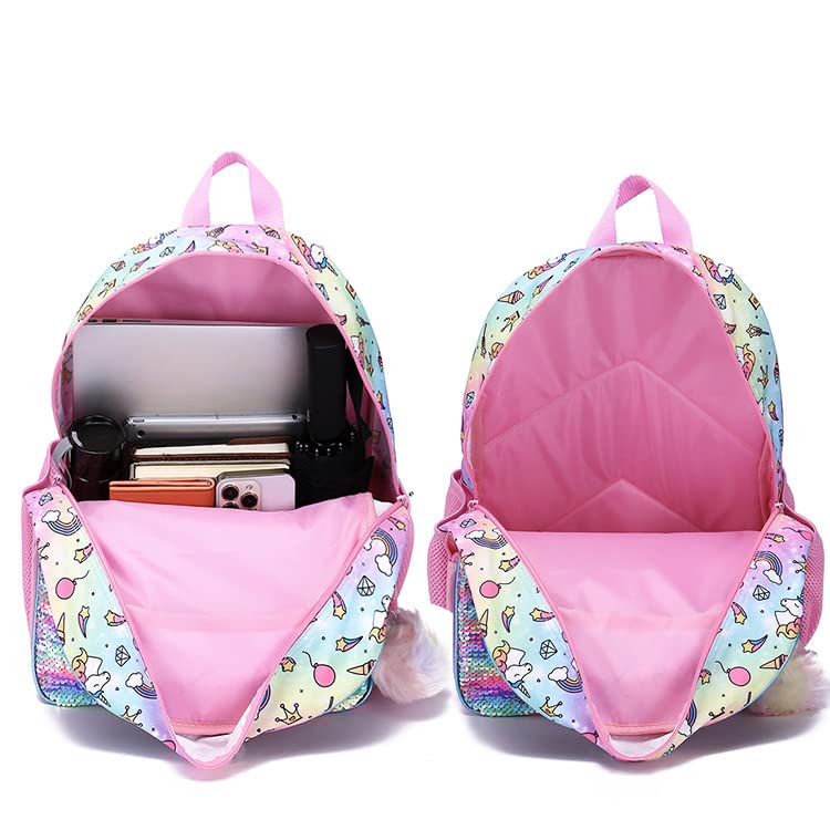 NOACLEA 3pcs Girls Unicorn Sequins Backpack Set Kids School Backpack With Lunch Box Pencil Case.