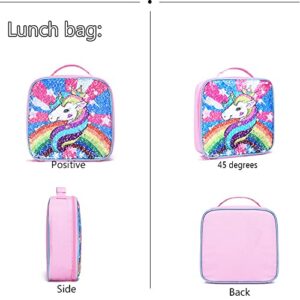 NOACLEA 3pcs Girls Unicorn Sequins Backpack Set Kids School Backpack With Lunch Box Pencil Case.