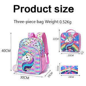 NOACLEA 3pcs Girls Unicorn Sequins Backpack Set Kids School Backpack With Lunch Box Pencil Case.