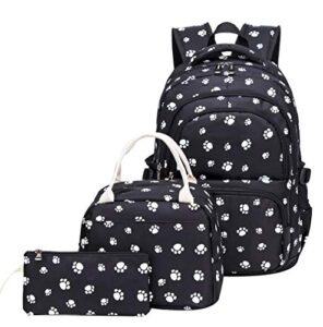 jiayou school backpack dog paw prints daypack for teens girls primary school students(black 3pcs,20l)