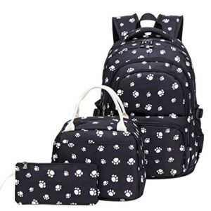 JiaYou School Backpack Dog Paw Prints Daypack For Teens Girls Primary School Students(Black 3PCS,20L)