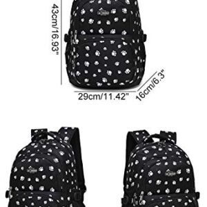 JiaYou School Backpack Dog Paw Prints Daypack For Teens Girls Primary School Students(Black 3PCS,20L)