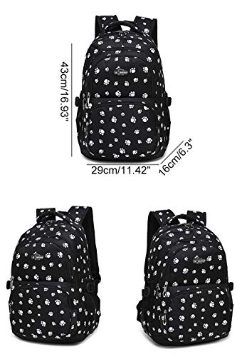 JiaYou School Backpack Dog Paw Prints Daypack For Teens Girls Primary School Students(Black 3PCS,20L)