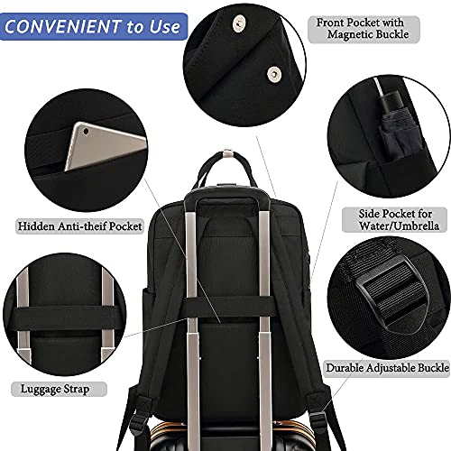 FUXINGYAO Women Laptop Backpack, Durable Travel backpack with Headphone Cable Hole, Anti Theft Backpack for Fits 15.6 Inch Notebook,Black