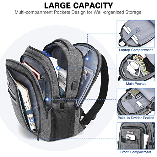 Travel Laptop Backpack for Men & Women, Anti-theft Business Work Backpack Fit up to 17.3 Inch Laptop with USB Charging Port, Water Resistant Slim Backpack Grey College School Bag Bookbag for Students