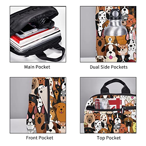 14.7 Inches Backpacks Cute Book Bag for Students Commuting, Cute Doodle Dog Print Animal Funny Backpack Durable Travel Bags with Multiple Zipper Pockets Design Rucksack for Outdoor