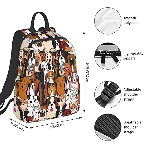 14.7 Inches Backpacks Cute Book Bag for Students Commuting, Cute Doodle Dog Print Animal Funny Backpack Durable Travel Bags with Multiple Zipper Pockets Design Rucksack for Outdoor