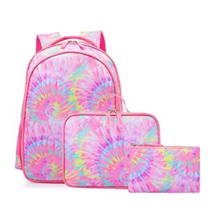 kids school backpack book bag with lunch bag pencil case lightweight for preschool kindergarten elementary,pink tie dye