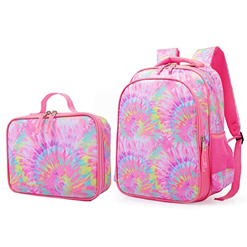 Kids School Backpack Book Bag with Lunch Bag Pencil Case Lightweight for Preschool Kindergarten Elementary,Pink Tie Dye