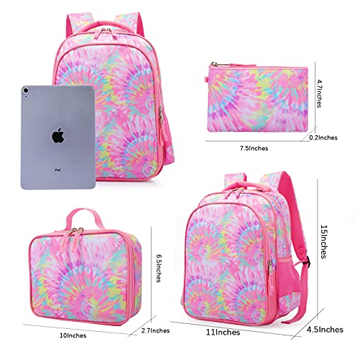 Kids School Backpack Book Bag with Lunch Bag Pencil Case Lightweight for Preschool Kindergarten Elementary,Pink Tie Dye