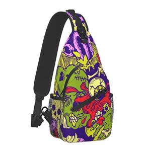 mens fashion gym bags anti-theft halloween pattern with horror elements zombie skull colorful crossbody shoulder backpack with zipper, multipurpose sling ​backpack for cycling traveling hiking