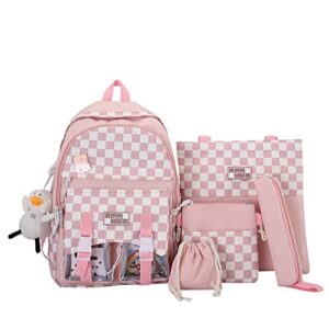 checkered kawaii backpack 5pcs set cute aesthetic school bags combo set for girls preppy backpacks for school, school bag sets with pencil box lunch box bag (pink, one size)
