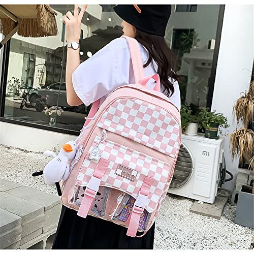 Checkered Kawaii Backpack 5Pcs Set Cute Aesthetic School Bags Combo Set for Girls Preppy Backpacks for School, School Bag Sets with Pencil Box Lunch Box Bag (Pink, One Size)