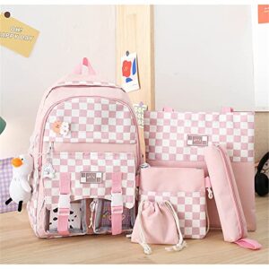 Checkered Kawaii Backpack 5Pcs Set Cute Aesthetic School Bags Combo Set for Girls Preppy Backpacks for School, School Bag Sets with Pencil Box Lunch Box Bag (Pink, One Size)