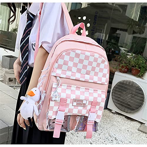 Checkered Kawaii Backpack 5Pcs Set Cute Aesthetic School Bags Combo Set for Girls Preppy Backpacks for School, School Bag Sets with Pencil Box Lunch Box Bag (Pink, One Size)