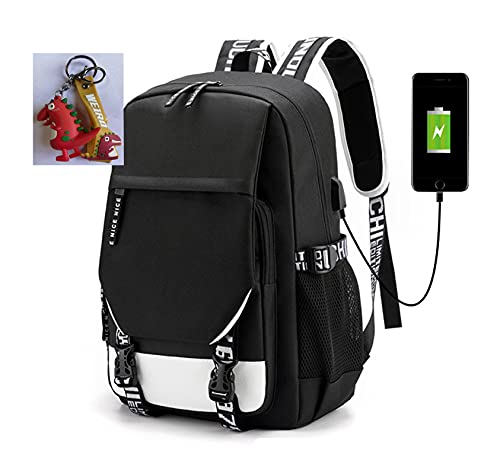 jupkem Anime Demon Backpack Bag USB with Charging Port Student School Bag Laptop Cosplay for Boys Girls (Black, One Size)