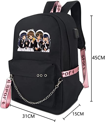 Roffatide Anime Cardcaptor Sakura Backpack Kinomoto Syaoran Li Tomoyo Daidouji Meiling Li Backpack Book Bag Laptop School Bag with USB Charging Port and Headphone Port