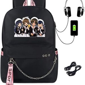 Roffatide Anime Cardcaptor Sakura Backpack Kinomoto Syaoran Li Tomoyo Daidouji Meiling Li Backpack Book Bag Laptop School Bag with USB Charging Port and Headphone Port