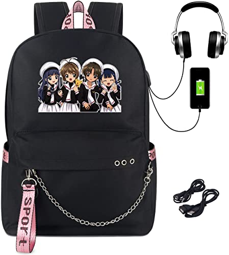 Roffatide Anime Cardcaptor Sakura Backpack Kinomoto Syaoran Li Tomoyo Daidouji Meiling Li Backpack Book Bag Laptop School Bag with USB Charging Port and Headphone Port