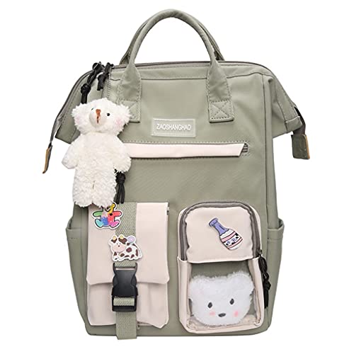 CM C&M WODRO Kawaii Backpack for Girls Women with Pin Bear Accessories Cute College High School Backpack Laptop Bookbag (Green-A)