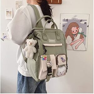 CM C&M WODRO Kawaii Backpack for Girls Women with Pin Bear Accessories Cute College High School Backpack Laptop Bookbag (Green-A)