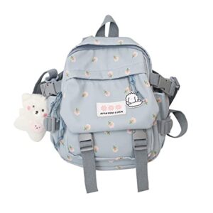 aonuowe mini floral aesthetic backpack cute japanese school bag small kawaii backpack with plush accessories (blue)