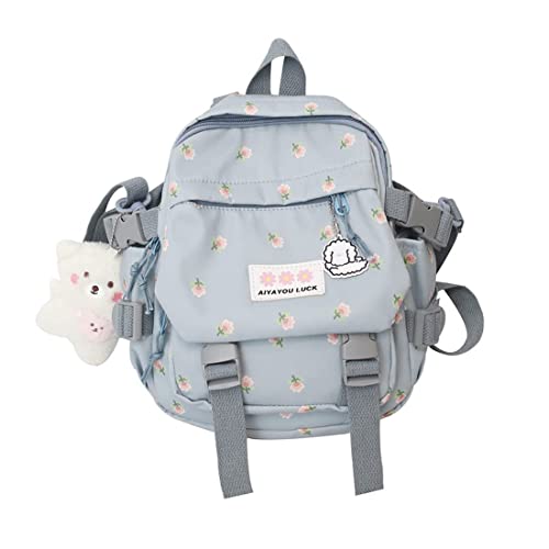 AONUOWE Mini Floral Aesthetic Backpack Cute Japanese School Bag Small Kawaii Backpack with Plush Accessories (Blue)