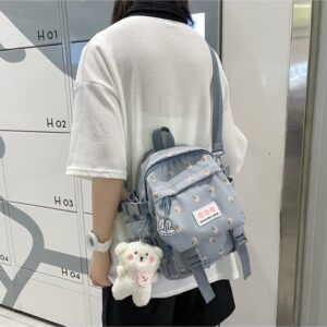 AONUOWE Mini Floral Aesthetic Backpack Cute Japanese School Bag Small Kawaii Backpack with Plush Accessories (Blue)