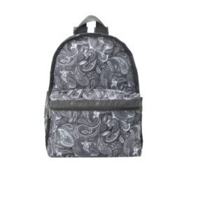 lesportsac hazel whirl basic backpack/rucksack, style 7812/color e443, playful modern paisley swirl, lilac/slate grey design artfully arranged on neutral charcoal grey backpack