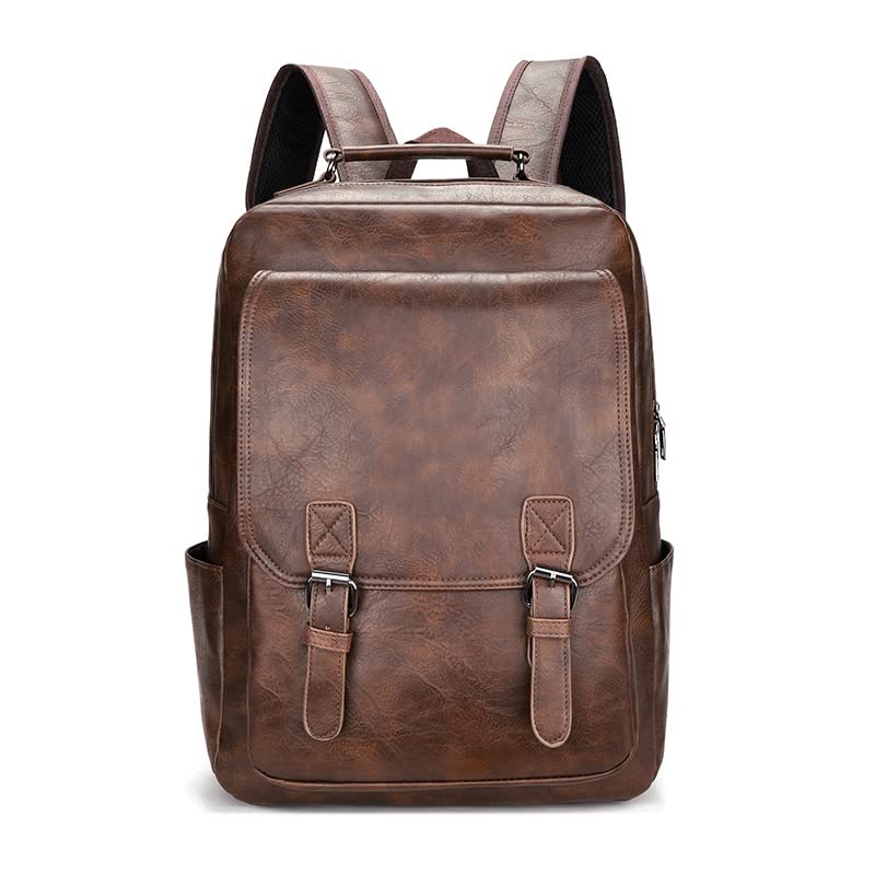 Vintage PU Leather College Backpack Trendy Business Casual Waterproof Bag Laptop Backpack with USB Unisex For Adult Youth (Brown)