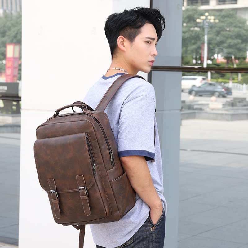 Vintage PU Leather College Backpack Trendy Business Casual Waterproof Bag Laptop Backpack with USB Unisex For Adult Youth (Brown)